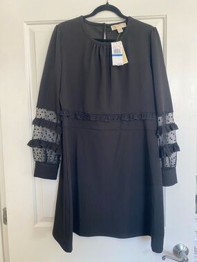 MICHAEL Michael Kors Black Long Sleeve Ruffle Dress with Sheer Polka Dot Sleeves